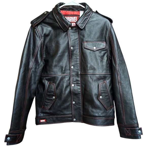 Disney Parks Marvel Men’s Black Leather Jacket Small 1939 Edition Biker Moto - Picture 2 of 8